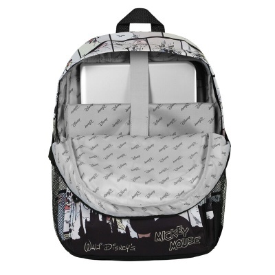 Mochila Mickey Mouse preta e branca aberta mostrando compartimento para portátil