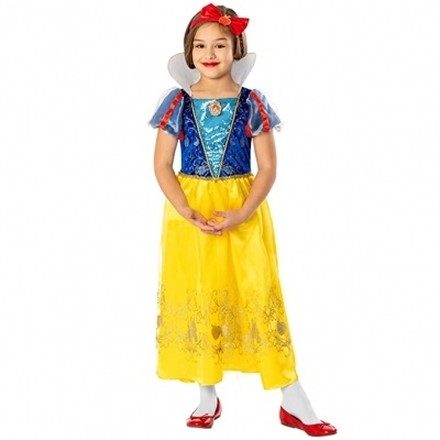 Vestido de princesa azul e amarelo para criança com tiara vermelha