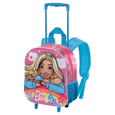 Mochila de criança com rodas e puxador azul com imagem da Barbie e cão, fundo rosa colorido