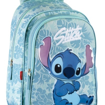 Mochila azul claro com desenho do personagem Stitch e padrão floral