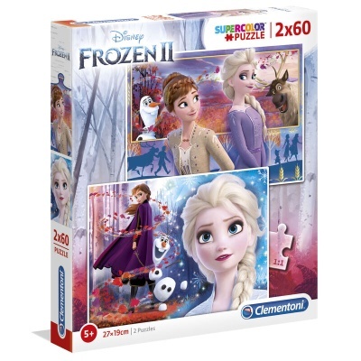 Embalagem de puzzle Disney Frozen II com imagens das personagens Elsa, Anna e Olaf.
