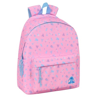 Mochila cor-de-rosa com padrão azul e boneco azul na frente