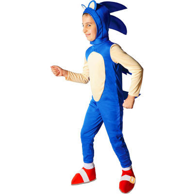 Fantasia infantil do personagem Sonic azul com barriga bege e sapatos vermelhos e brancos.