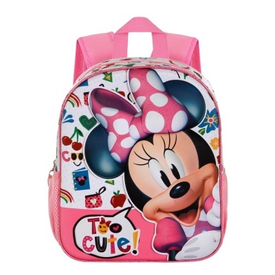 Mochila rosa com desenho da Minnie e texto 'Too Cute!'.