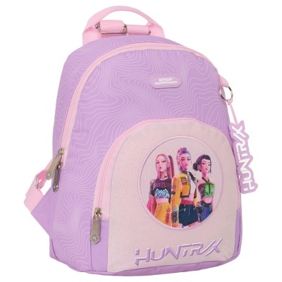 Mochila lilás e rosa com personagens e texto K-POP DEMON HUNTERS