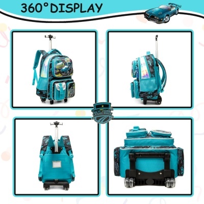 Mochila com carrinho de rodas azul turquesa vista em quatro ângulos diferentes com texto '360° DISPLAY'.