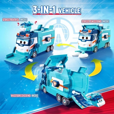 Brinquedo veículo 3 em 1 azul com funções de patrulha, varredura e reciclagem