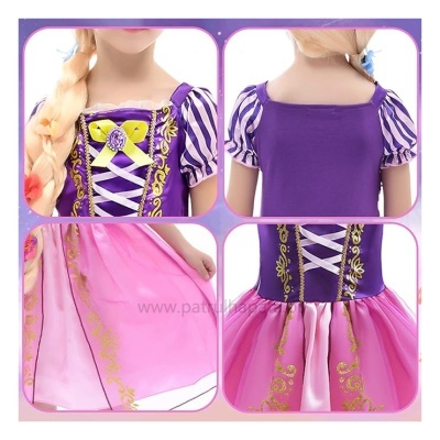 Vestido de princesa infantil roxo e rosa com detalhes dourados e mangas às riscas.