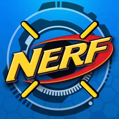 Logótipo da marca NERF em fundo azul com padrões hexagonais