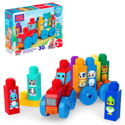 Brinquedo de construção Mega Bloks trator e blocos de animais coloridos.