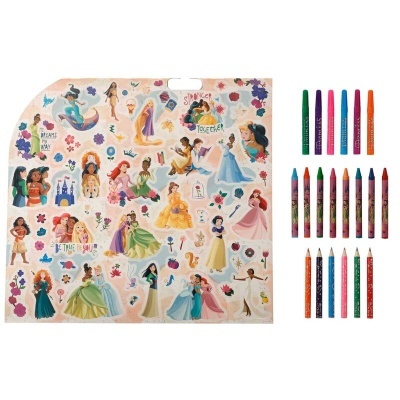 Conjunto de material para colorir com personagens femininas de contos de fadas em estojo, lápis, canetas e lápis de cor coloridos