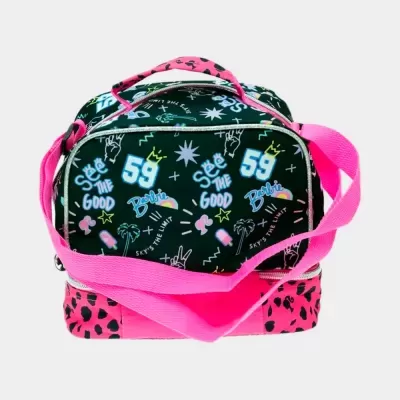 Mala colorida com padrão gráfico e alça rosa