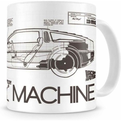 Caneca branca com desenho técnico de carro e textos em preto