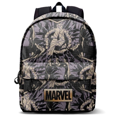 Mochila preta e cinza estampada com personagens da Marvel e logótipo Marvel na frente