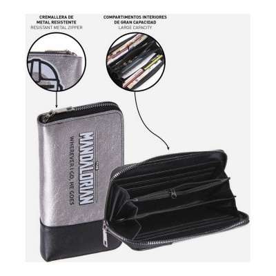 Carteira prateada e preta com fecho metálico e compartimentos interiores