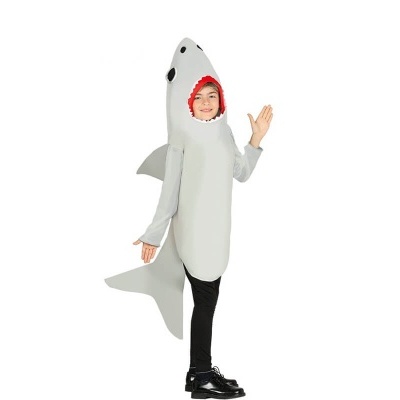 Fato infantil de tubarão cinzento claro com boca vermelha