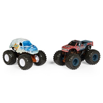 dois carros de brinquedo Monster Truck com pneus grandes, um azul e branco e outro vermelho com padrão