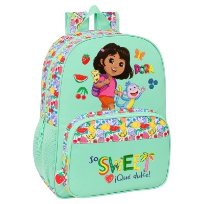 Mochila infantil verde água com personagem Dora e padrão de frutas