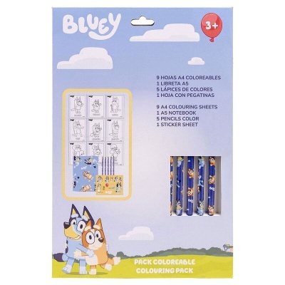 Pack colorir Bluey com lápis de cor, caderno, folhas para colorir e autocolantes