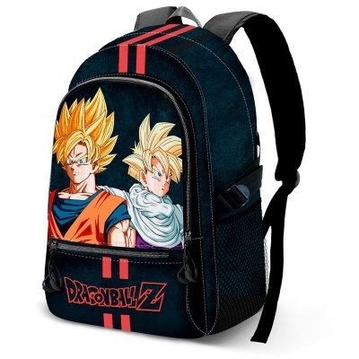 Mochila preta com estampa de personagens de Dragon Ball Z e texto da marca