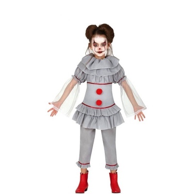 Fato infantil de palhaço cinza com folhos e botões vermelhos