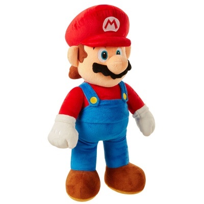 Boneco de pelúcia do personagem Mario com fato azul e vermelho