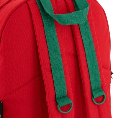 Mochila vermelha com alças verdes e argolas