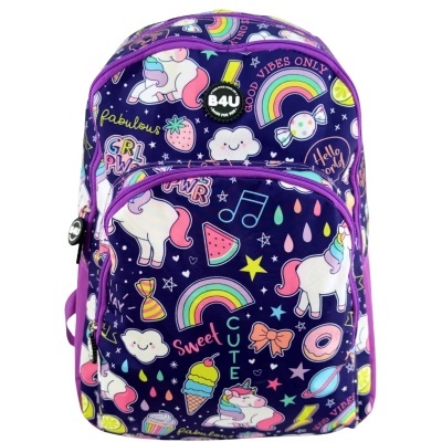 Mochila com padrão colorido de unicórnios e arco-íris sobre fundo escuro
