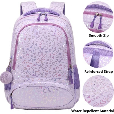 Mochila lilás com padrão de corações e textura brilhante