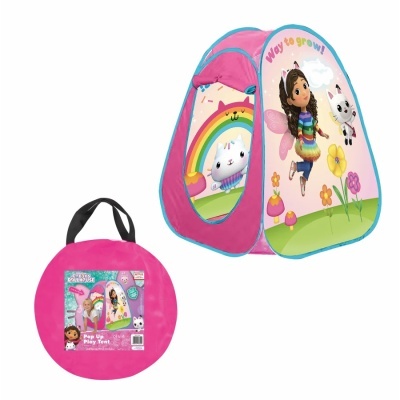 Tenda infantil pop-up rosa e azul com ilustrações de menina fada e gato, com bolsa de transporte rosa.