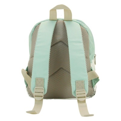 Mochila pequena verde água e bege vista de costas