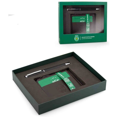 Conjunto de acessórios Sporting CP com caneta e carteira em caixa verde