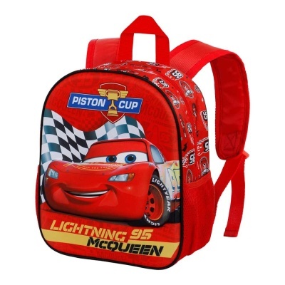 Mochila infantil vermelha com estampa do Lightning McQueen e textos PISTON CUP e LIGHTNING MCQUEEN 95