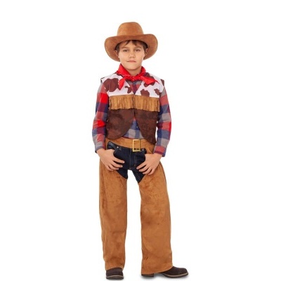 Criança com fato de cowboy castanho e vermelho
