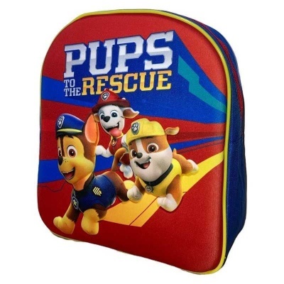 Mochila infantil vermelha e azul com personagens de 'Pups to the Rescue'