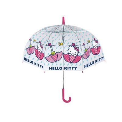 Guarda-chuva transparente com imagens de Hello Kitty e texto HELLO KITTY