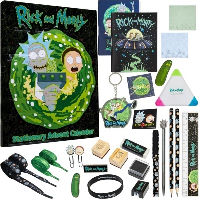 Material de escritório Rick and Morty com diversos acessórios coloridos e personagens da série
