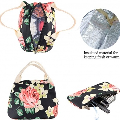 Bolsa térmica floral preta com interior isolado e alças bege