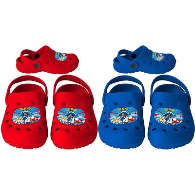 Sandálias de borracha vermelhas e azuis para crianças com estampas de personagens de banda desenhada
