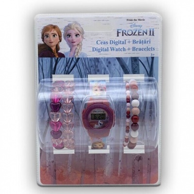 Conjunto relógio digital e braceletes Frozen II com personagens Anna e Elsa e cores rosa, branco e castanho.