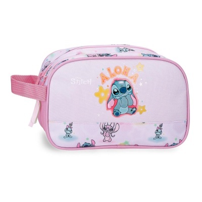 Necessaire rosa com desenho do personagem Stitch e palavra ALOHA