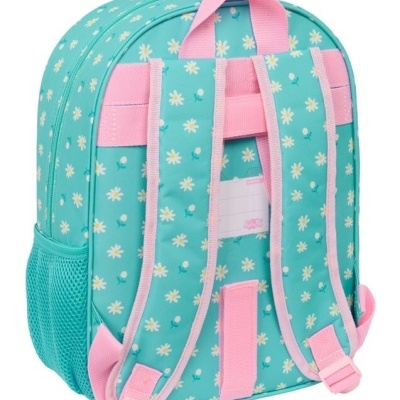 Mochila com padrão de flores brancas e amarelas sobre fundo azul turquesa e alças rosa