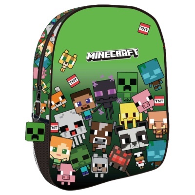 Mochila verde com estampado de personagens Minecraft em estilo pixel e blocos TNT