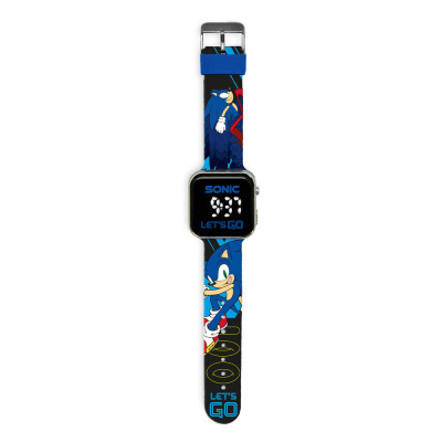 Relógio digital infantil com personagem Sonic em azul e texto SONIC LETS GO