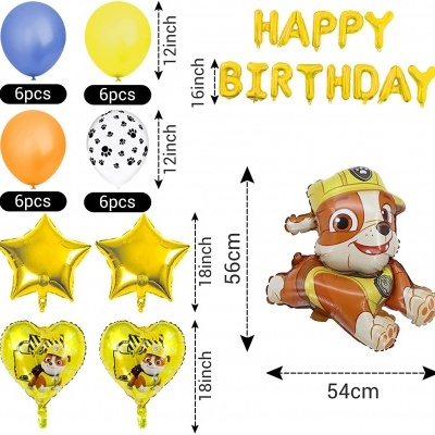 balões coloridos e decorativos para festa de aniversário com temas de cão e letras douradas