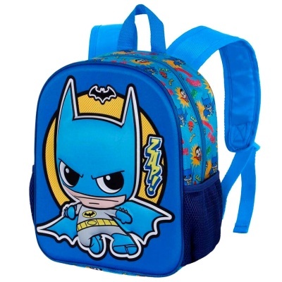 Mochila azul com estampa de Batman cartoon e texto ZAP!