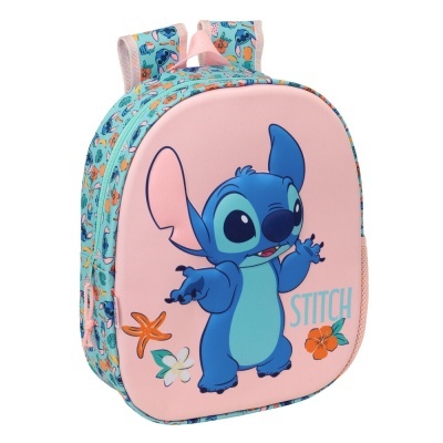 Mochila infantil cor-de-rosa com personagem Stitch e flores