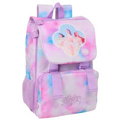 Mochila colorida com imagem de grupo musical feminino e texto K-POP DEMON HUNTERS