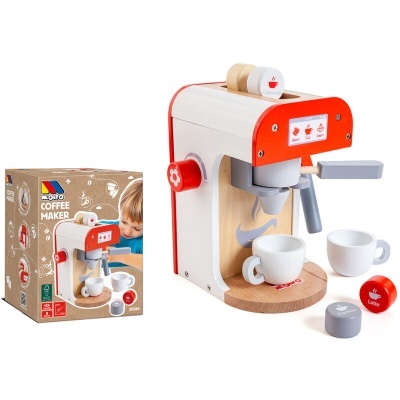Máquina de café de brinquedo em madeira com duas chávenas e cápsulas, junto da embalagem com imagem de criança