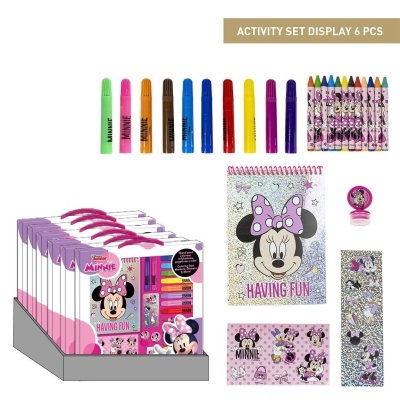 Conjunto de atividade Minnie com lápis, canetas, bloco para colorir, carimbo e régua